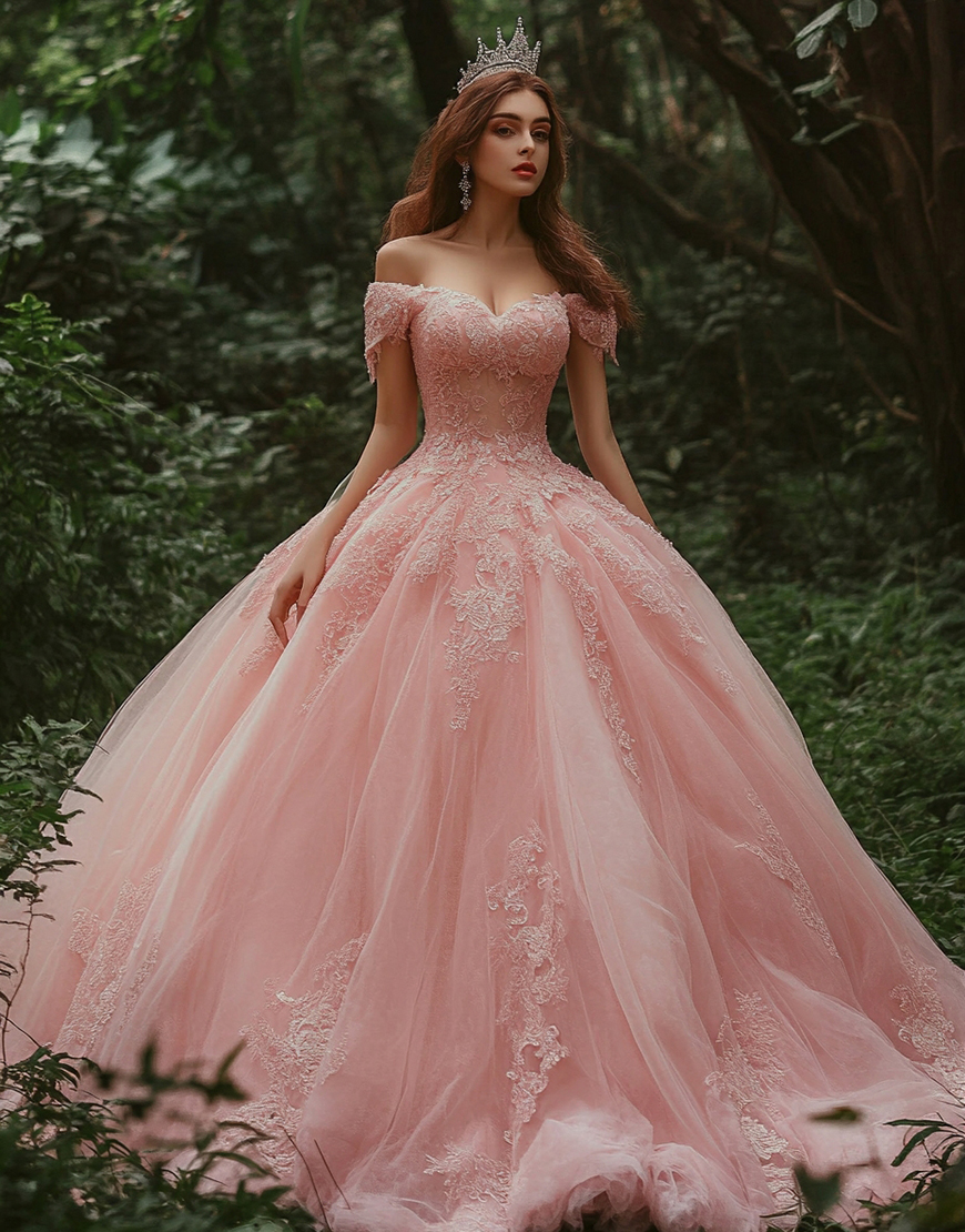 Pink Princess Tulle Ball Gown Long Quinceanera Dress with Lace