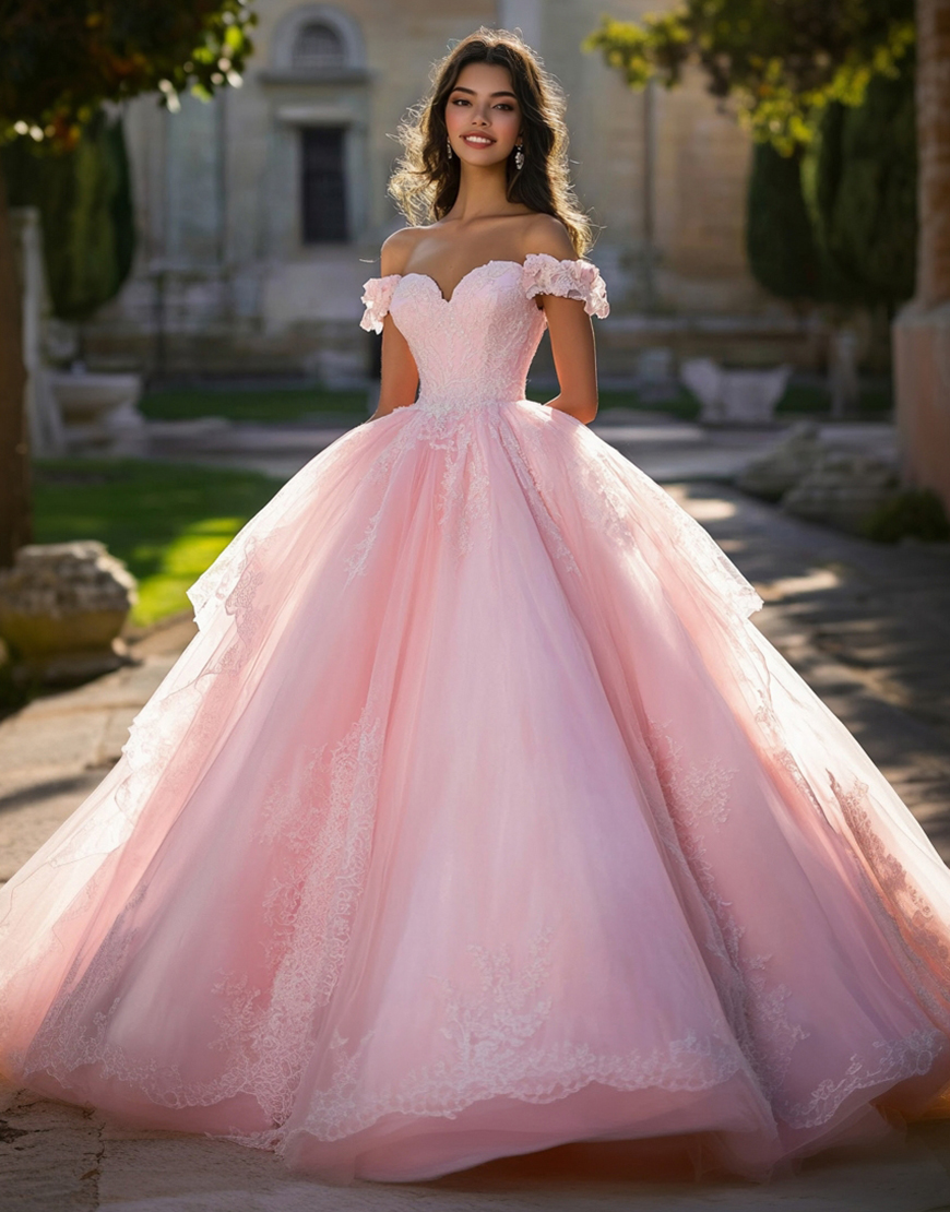Pink Off the Shoulder Tulle Ball Gown Long Quinceanera Dress with Lace