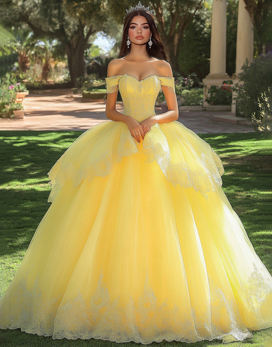 Yellow Ball Gown Appliqued Tulle Long Quinceanera Dress with Ruffles