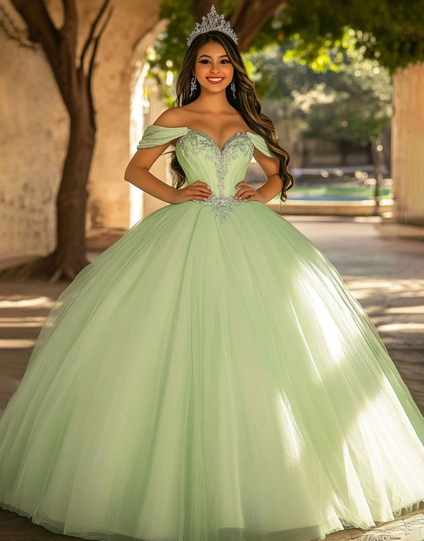 Glitter Light Green Ball Gown Long Tulle Quinceanera Dress with Appliques
