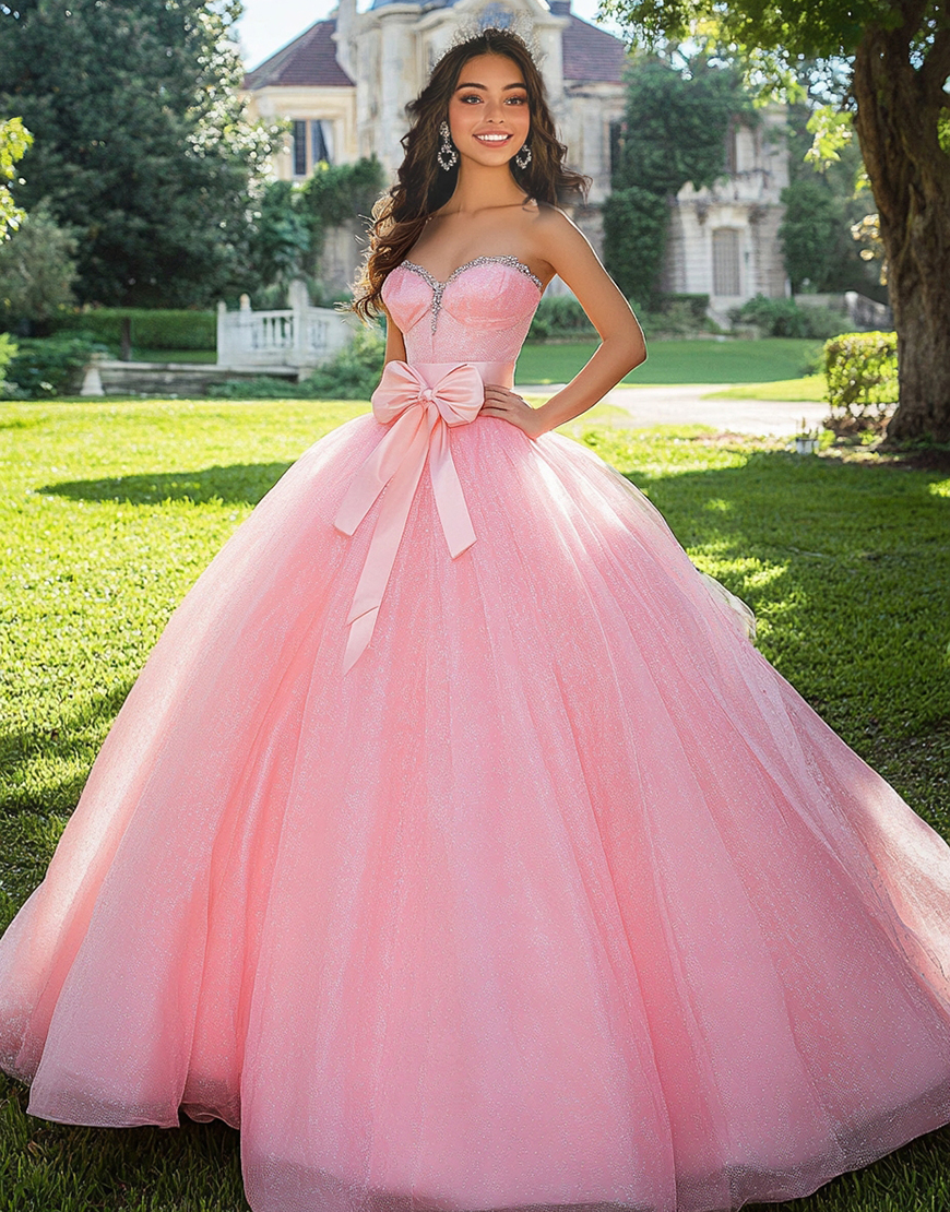 Sparkly Pink Ball Gown Tulle Sweetheart Long Quinceanera Dress with Bow