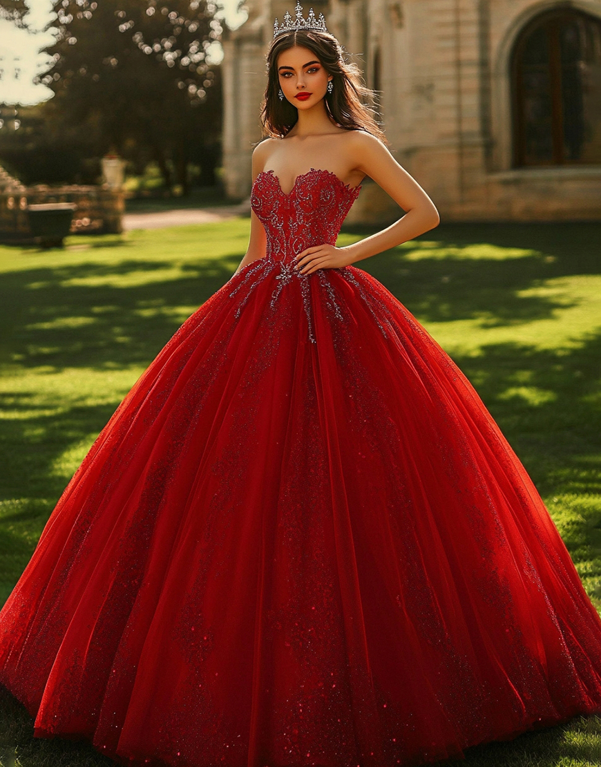 Sparkly Burgundy Ball Gown Long Sweetheart Princess Quinceanera Dress