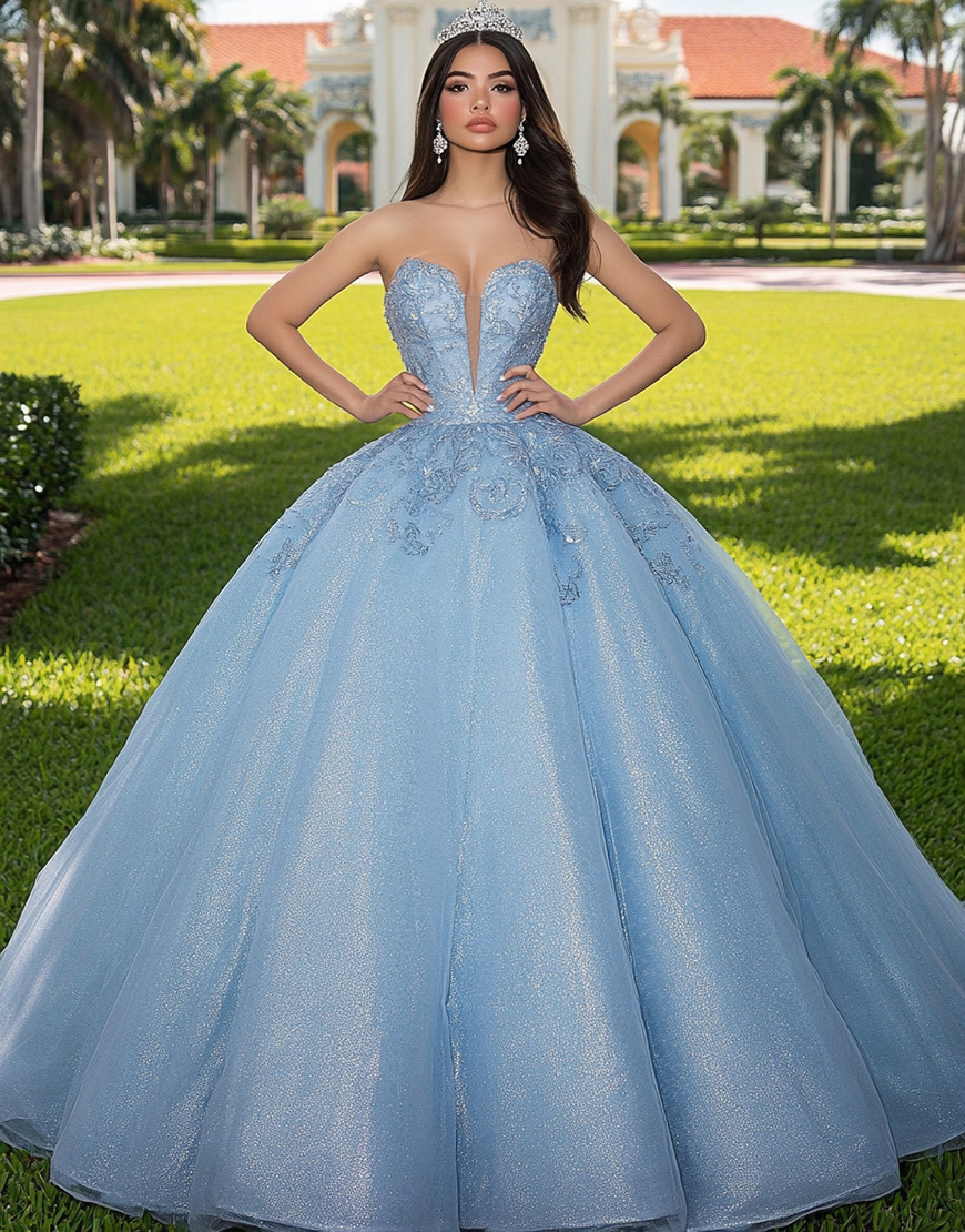Glitter Sky Blue Ball Gown Long Princess Sweetheart Quinceanera Dress