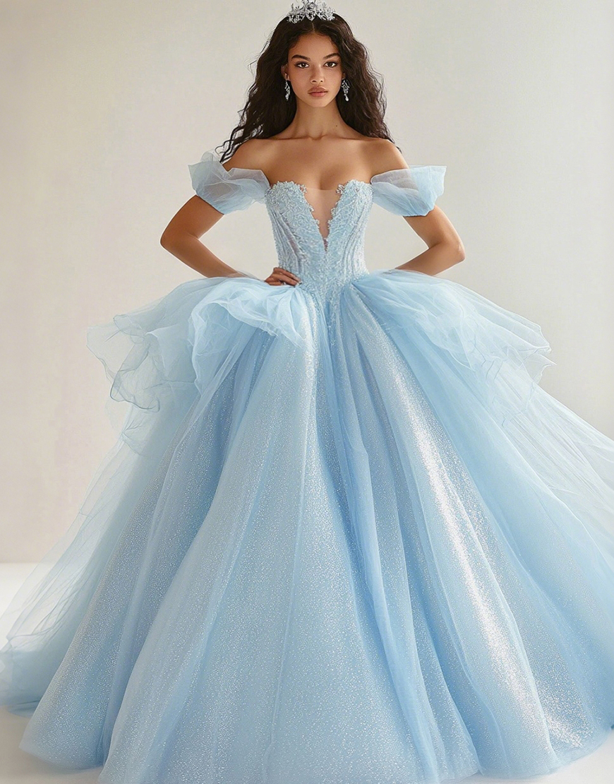 Sky Blue Ball Gown Princess Glitter Long Tulle Quinceanera Dress with Ruffles