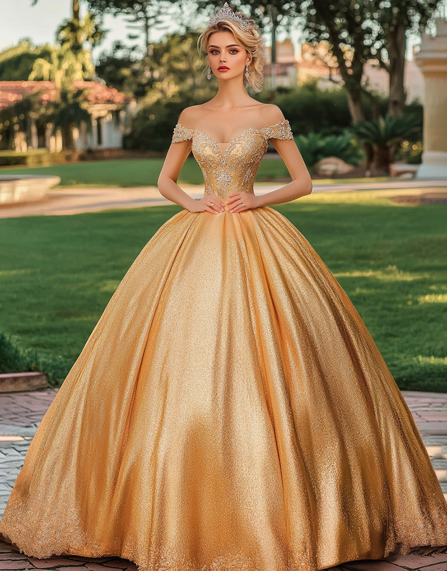 Glitter Gold Ball Gown Off the Shoulder Princess Long Quinceanera Dress