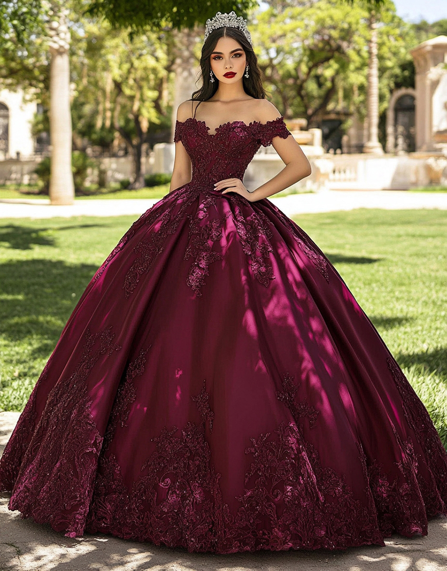 Burgundy Off the Shoulder Ball Gown Long Quinceanera Dress with Lace