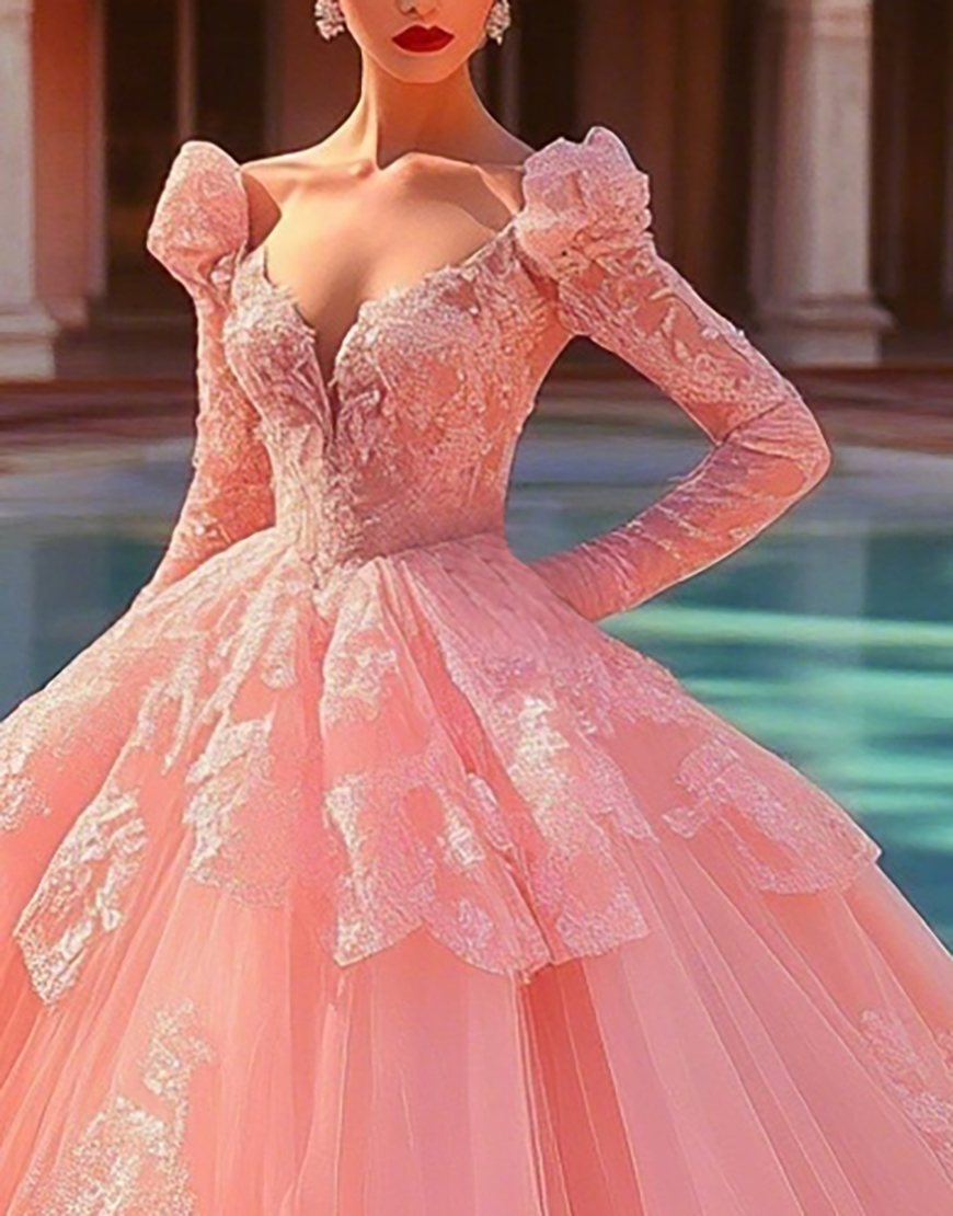 Pink Ball Gown Tulle Long Sleeves Princess Quinceanera Dress with Ruffles