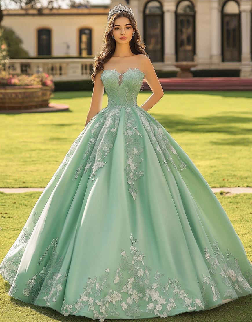 Sage Green Ball Gown Long Strapless Princess Quinceanera Dress with Appliques