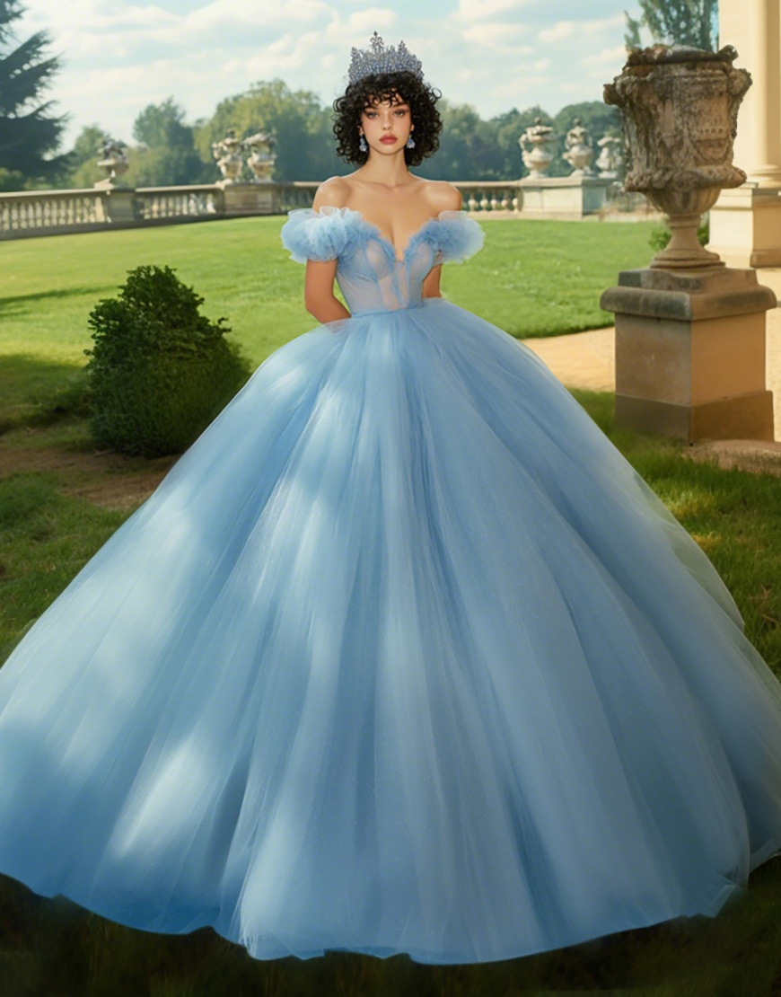 Sky Blue Ball Gown Princess Tulle Long Quinceanera Dress with Ruffles