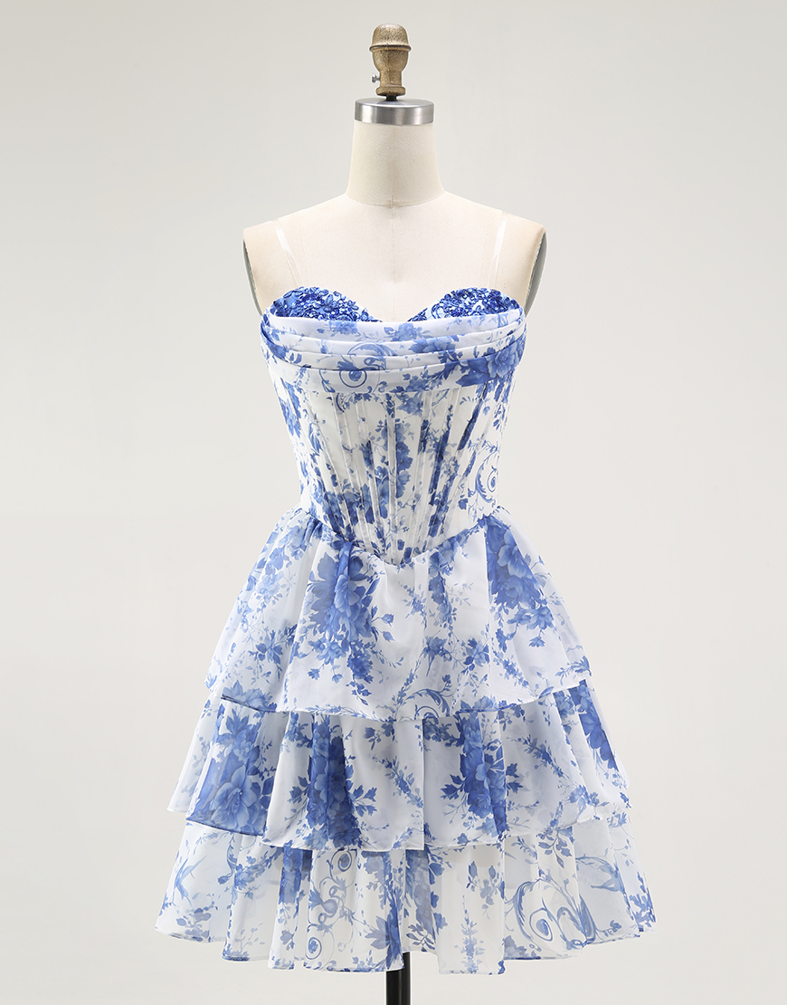White Blue Floral Tiered Short Corset Homecoming Dress with Ruffles