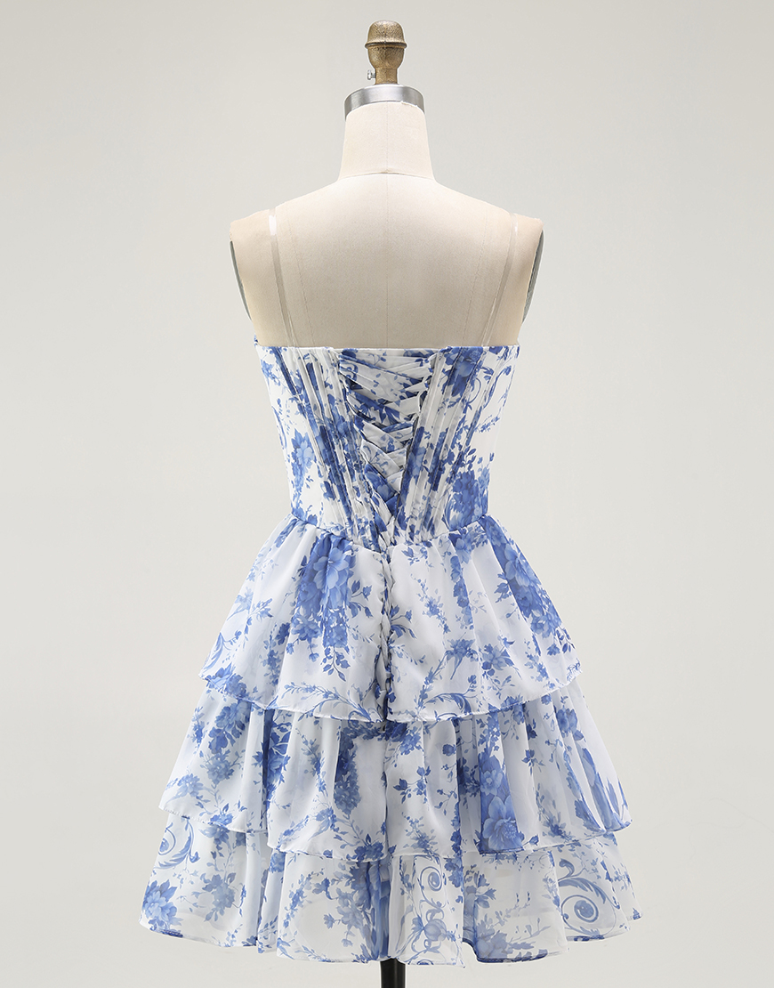 White Blue Floral Tiered Short Corset Homecoming Dress with Ruffles