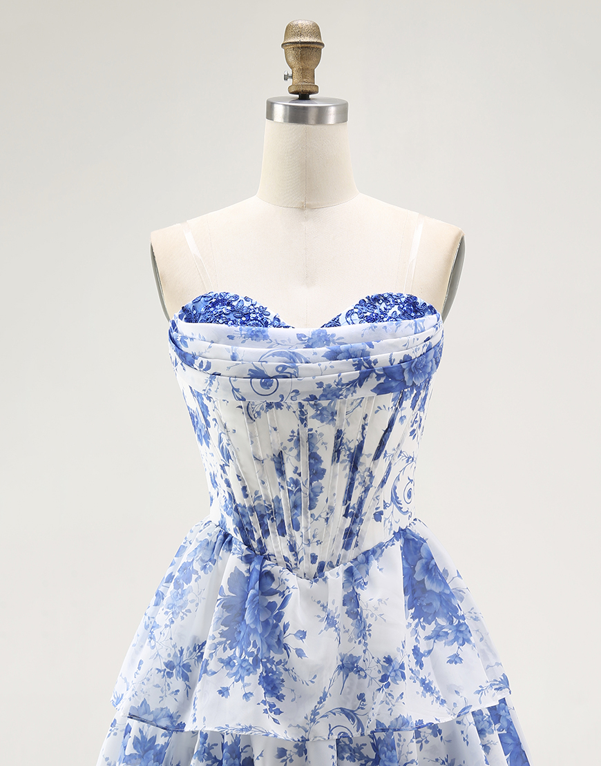 White Blue Floral Tiered Short Corset Homecoming Dress with Ruffles