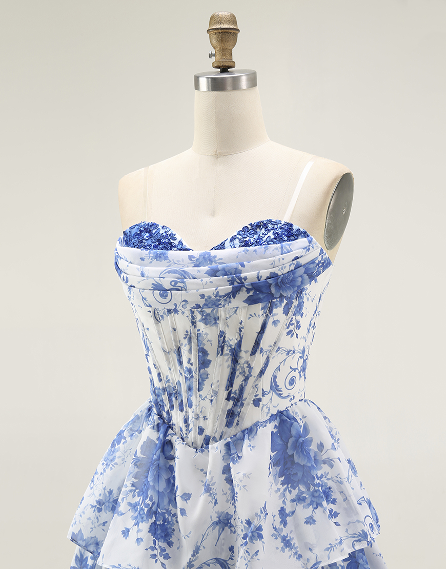 White Blue Floral Tiered Short Corset Homecoming Dress with Ruffles