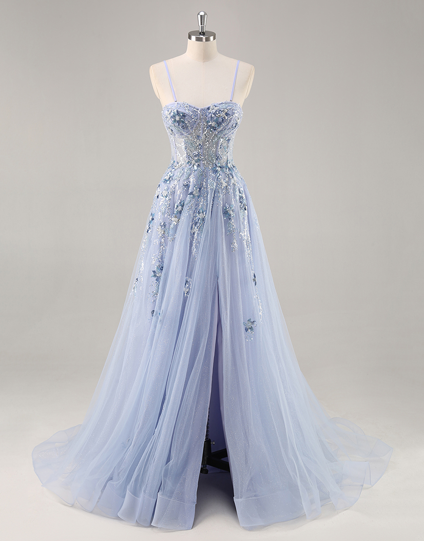 Sparkly Grey Blue Corset Tulle Long Prom Dress with Appliques