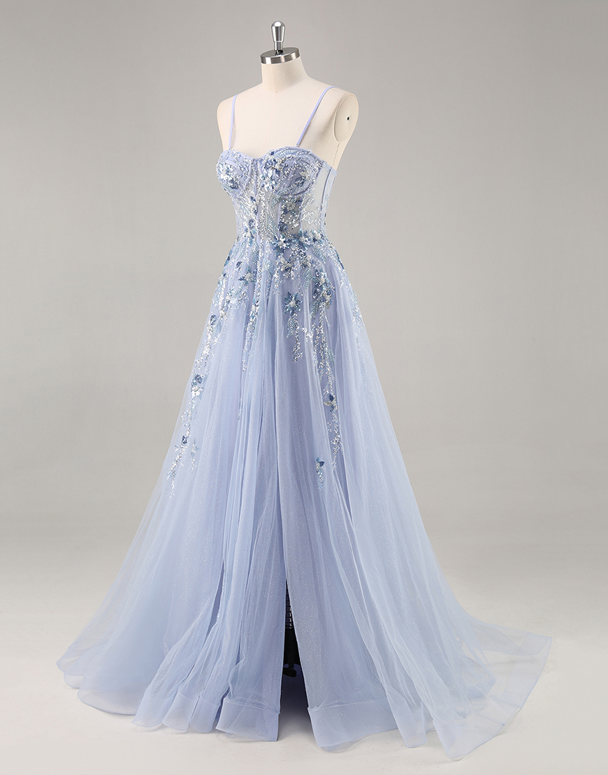 Sparkly Navy Corset Tulle Long Prom Dress with Appliques