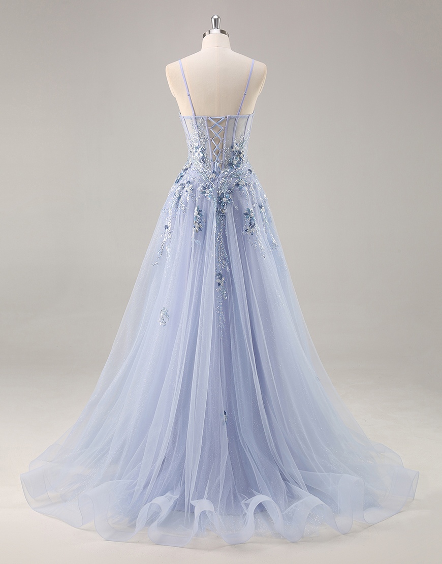 Sparkly Navy Corset Tulle Long Prom Dress with Appliques