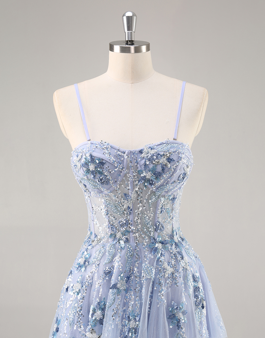 Sparkly Navy Corset Tulle Long Prom Dress with Appliques