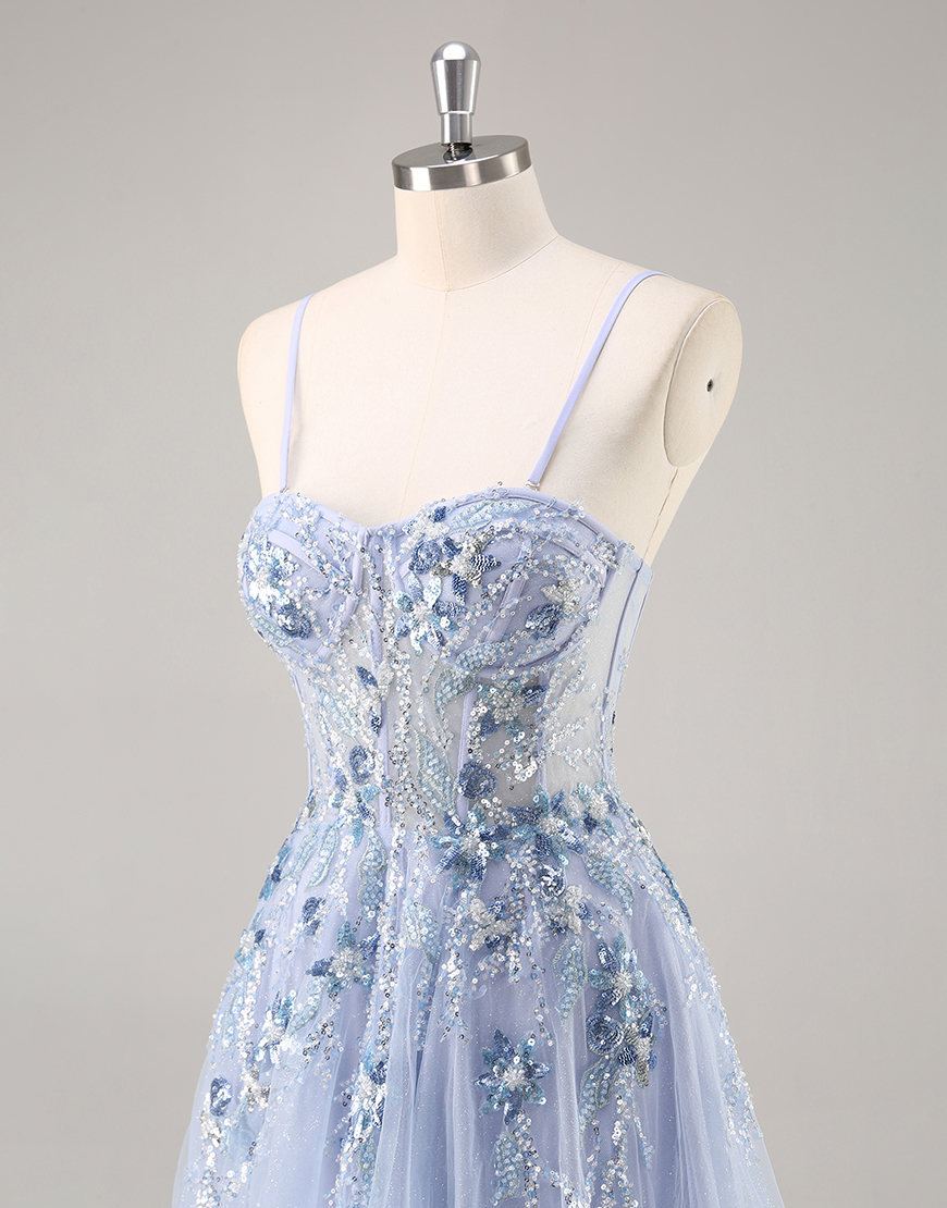 Sparkly Navy Corset Tulle Long Prom Dress with Appliques