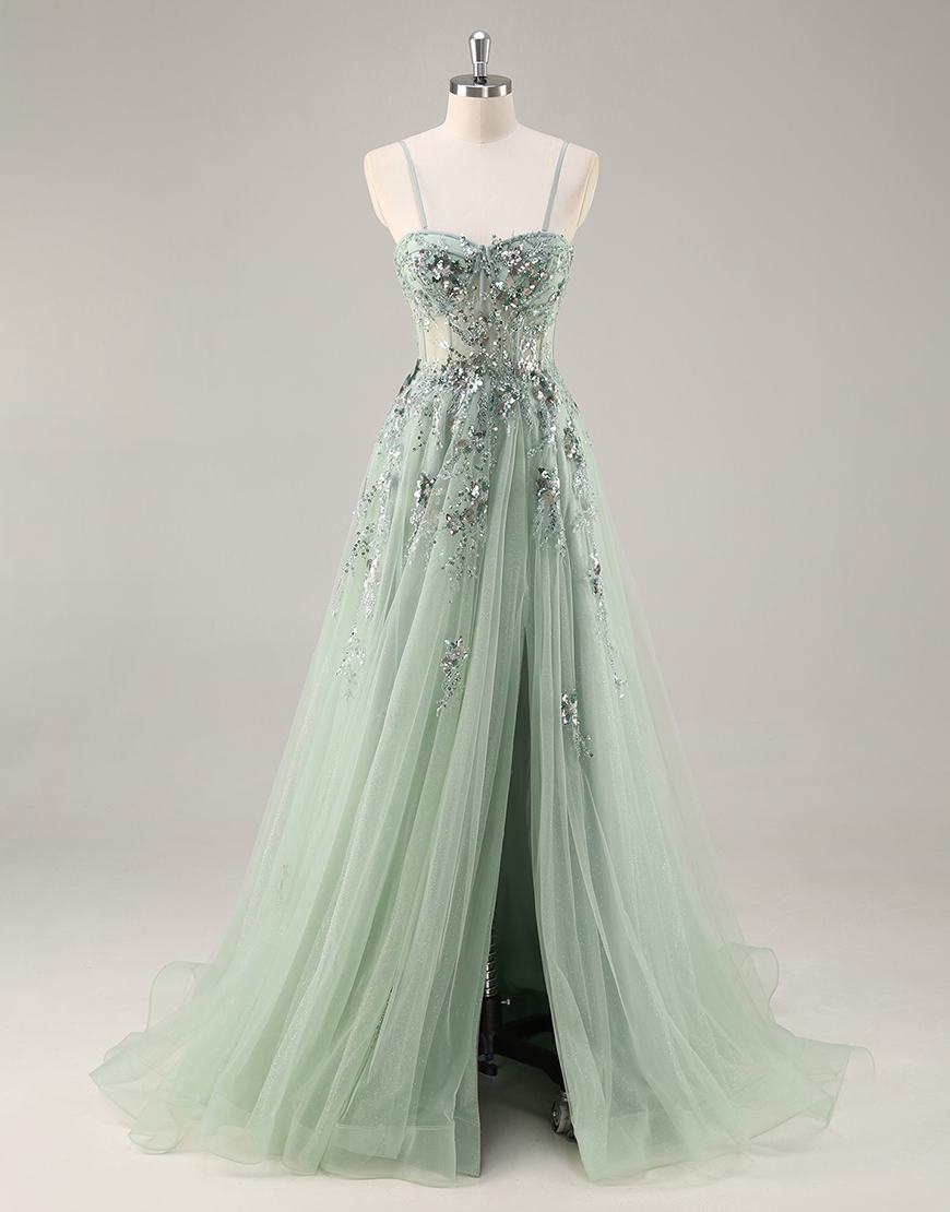 Sparkly Green Corset Tulle Long Prom Dress with Appliques