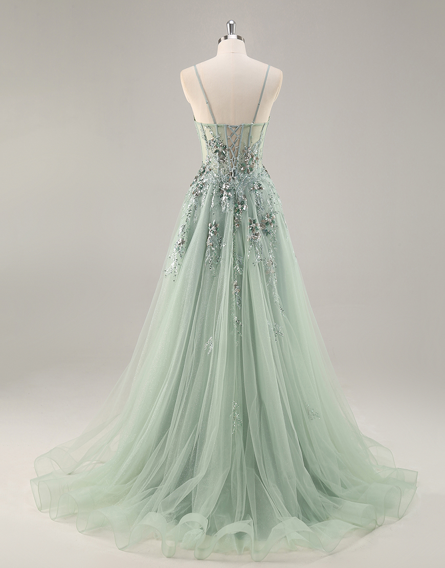 Sparkly Navy Corset Tulle Long Prom Dress with Appliques