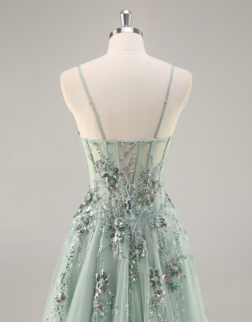 Sparkly Navy Corset Tulle Long Prom Dress with Appliques