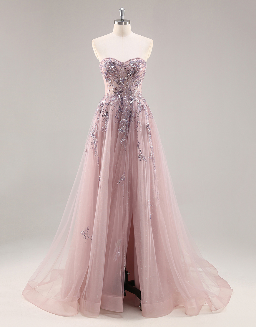 Sparkly Grey Pink Corset Tulle Long Prom Dress with Appliques