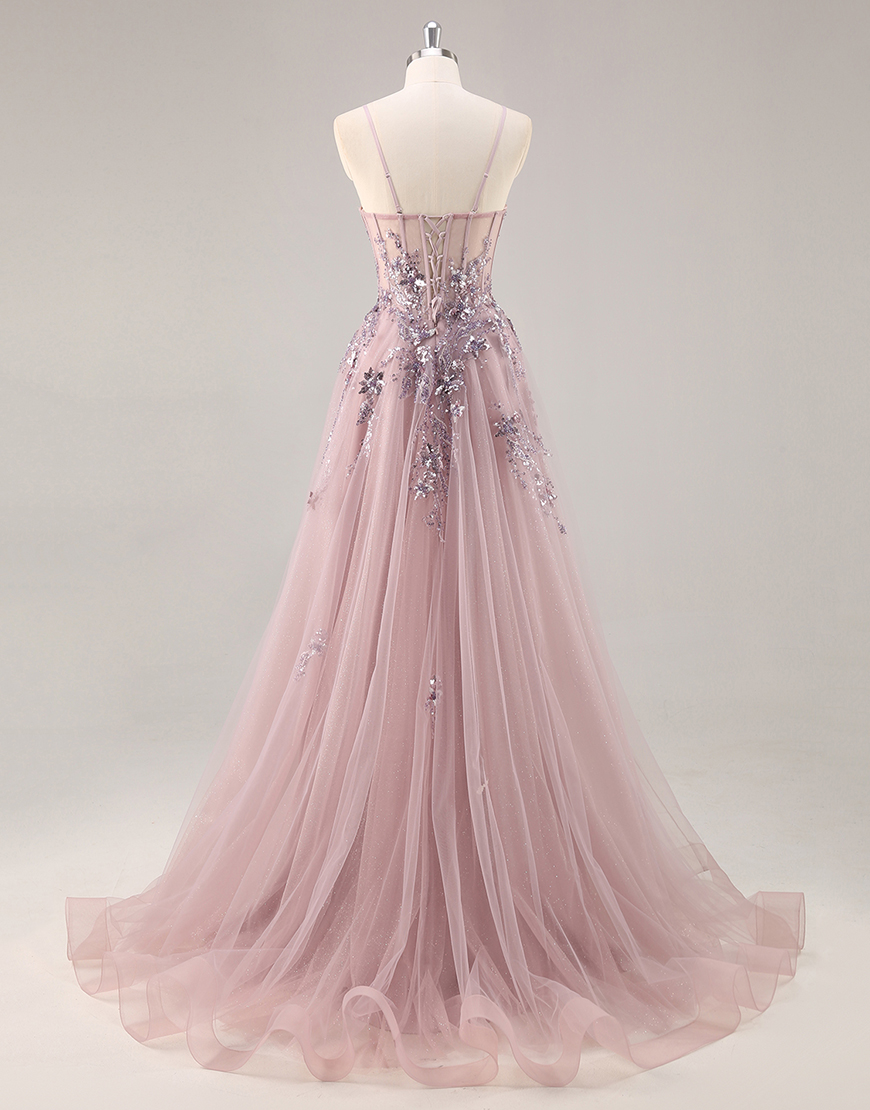 Sparkly Grey Pink Corset Tulle Long Prom Dress with Appliques