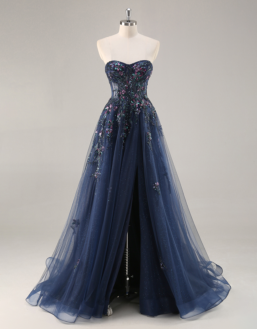 Sparkly Navy Corset Tulle Long Prom Dress with Appliques