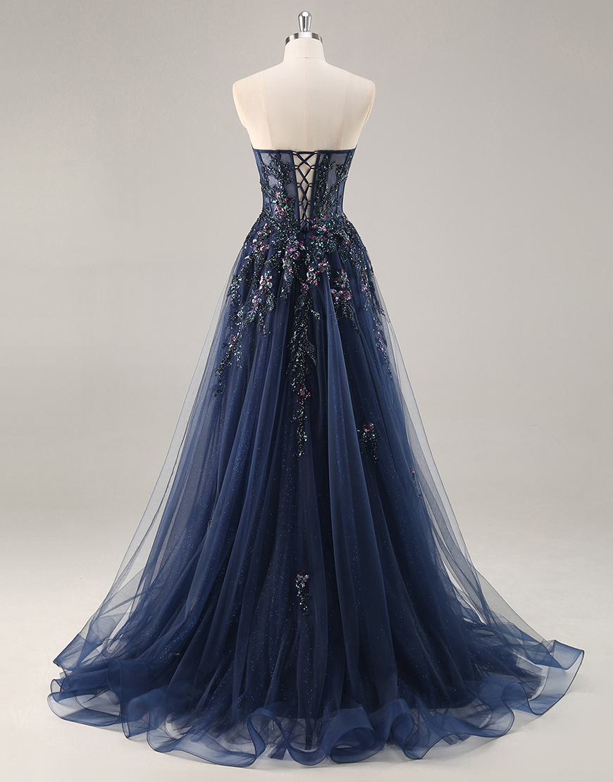 Sparkly Navy Corset Tulle Long Prom Dress with Appliques