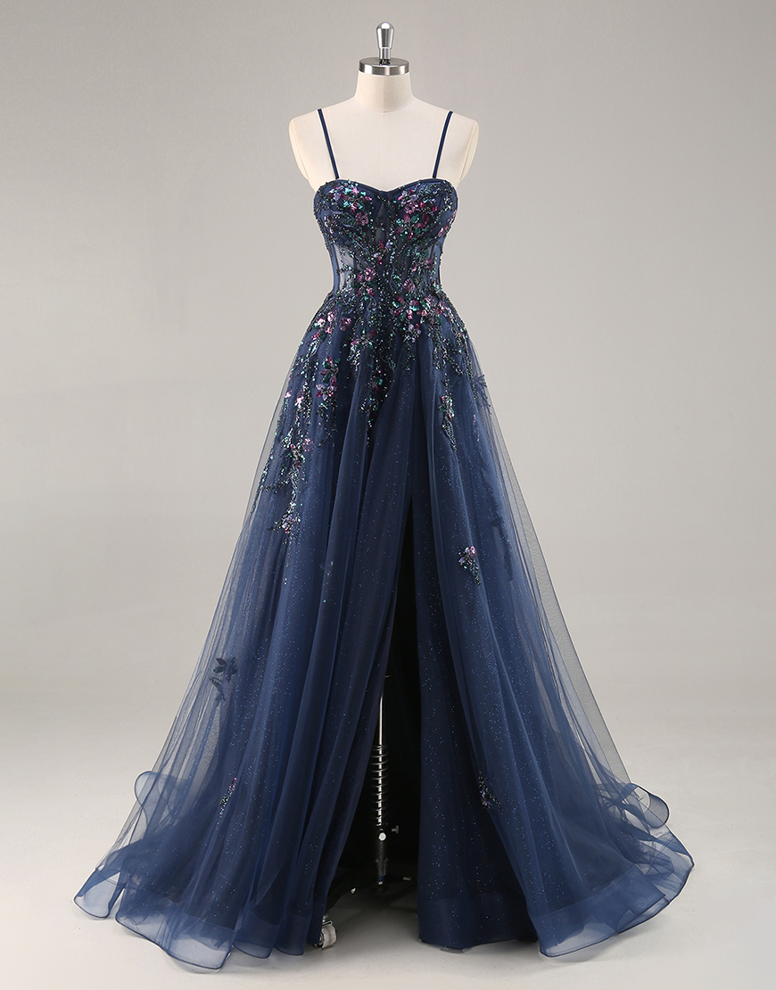 Sparkly Navy Corset Tulle Long Prom Dress with Appliques