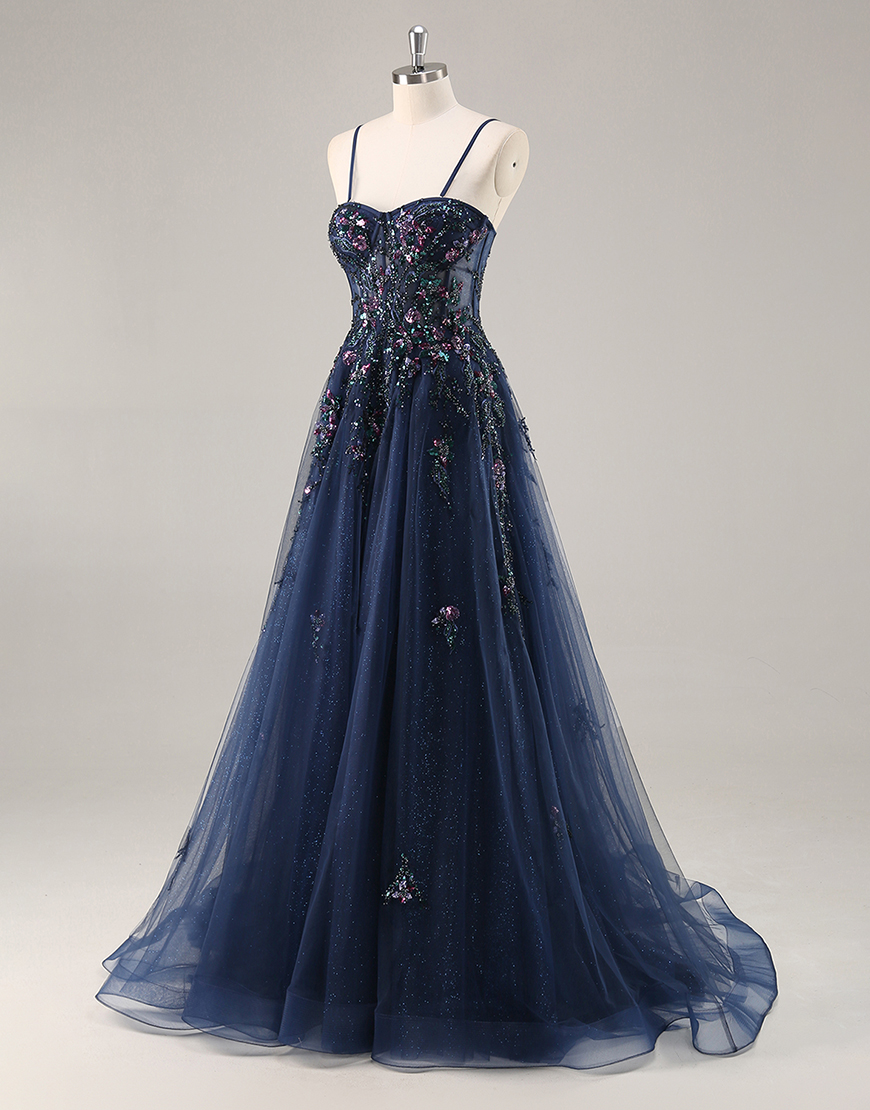 Sparkly Navy Corset Tulle Long Prom Dress with Appliques