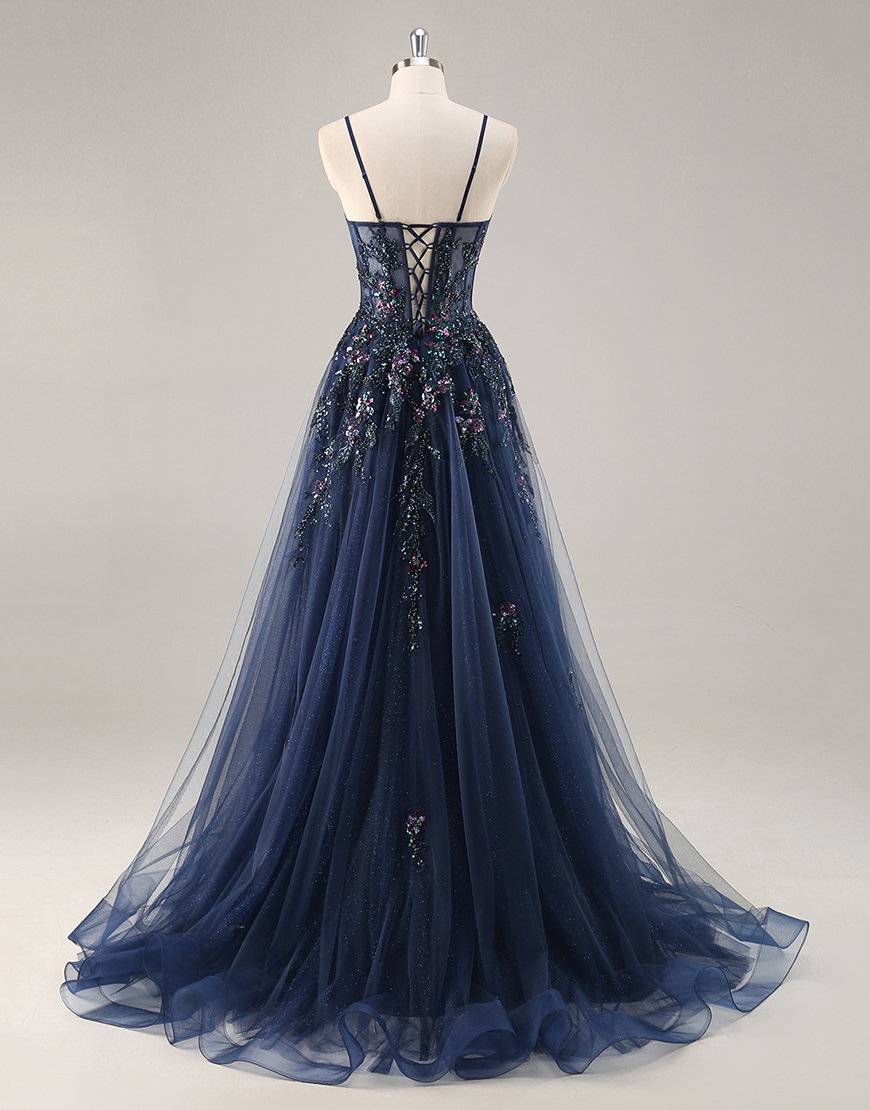 Sparkly Navy Corset Tulle Long Prom Dress with Appliques