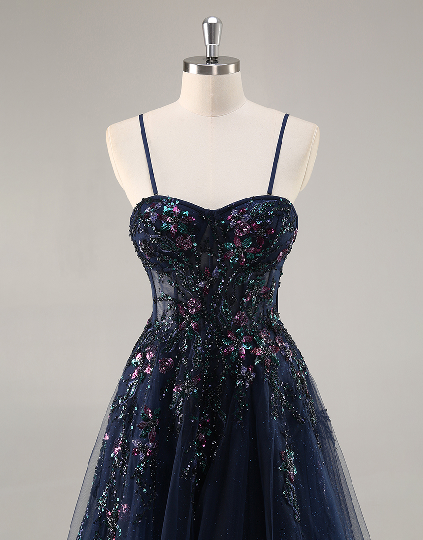 Sparkly Navy Corset Tulle Long Prom Dress with Appliques