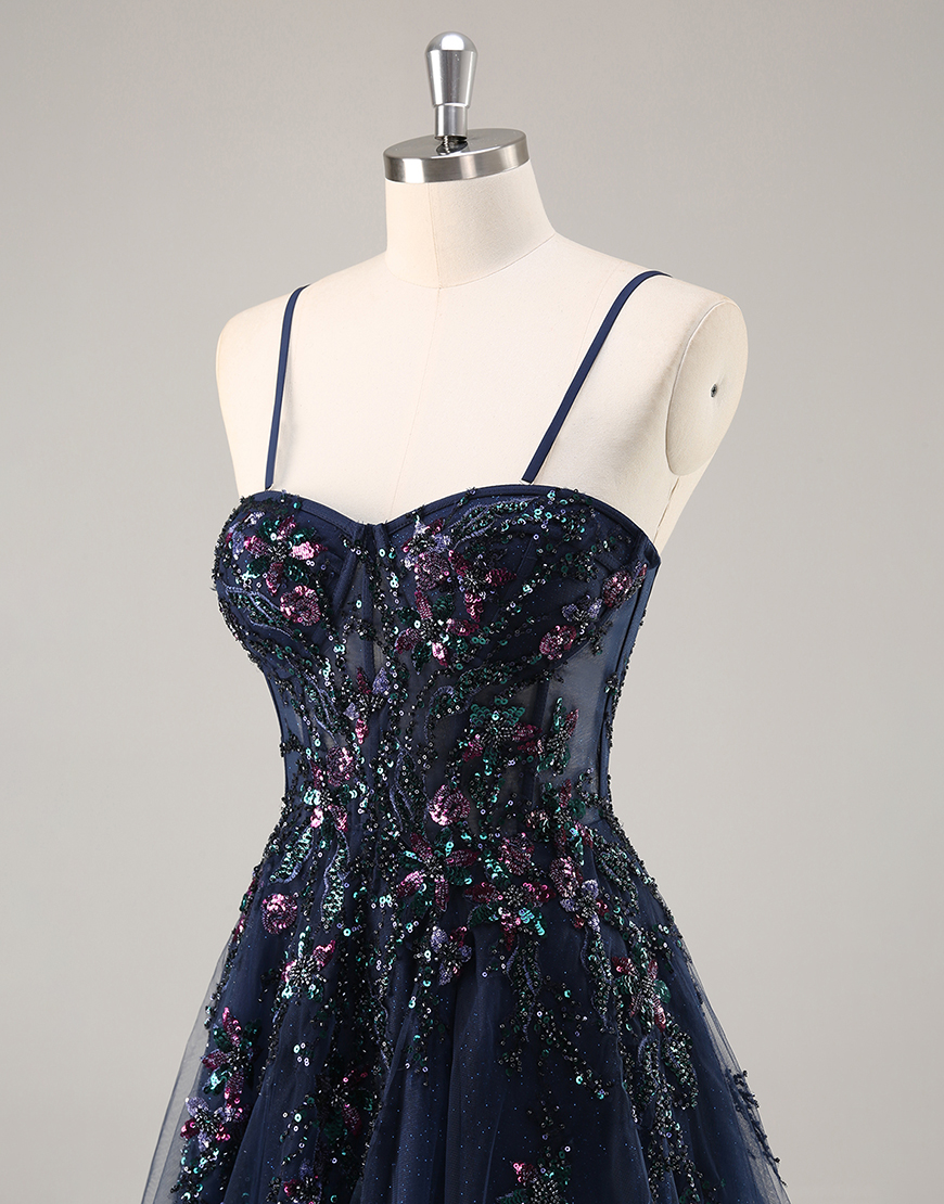 Sparkly Navy Corset Tulle Long Prom Dress with Appliques