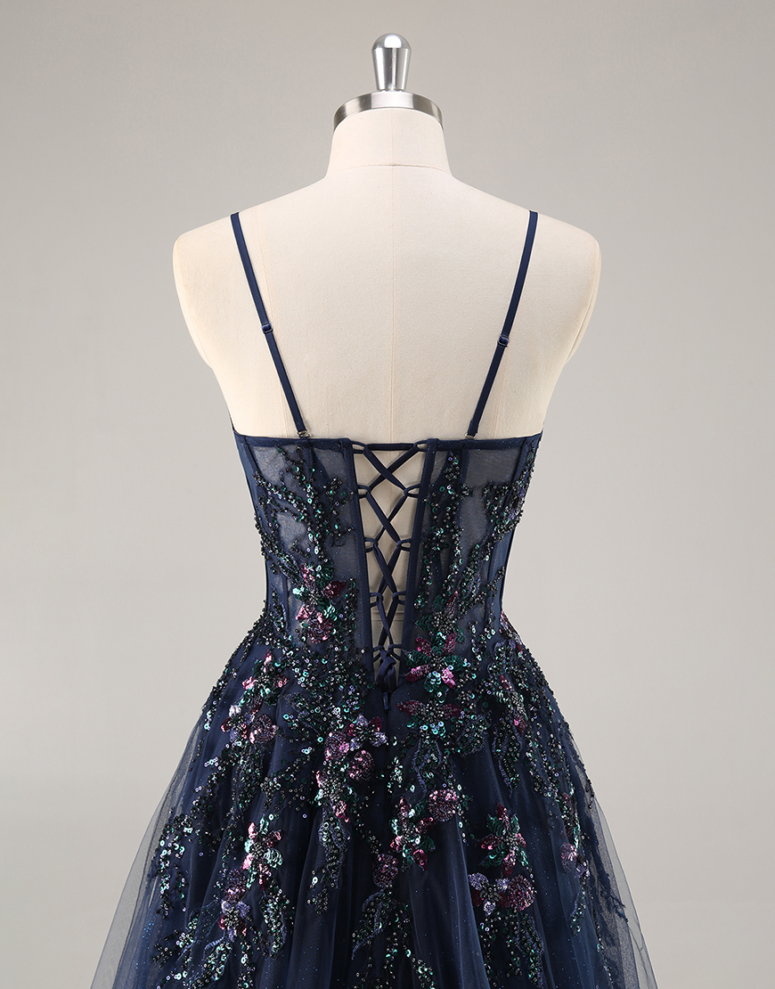 Sparkly Navy Corset Tulle Long Prom Dress with Appliques