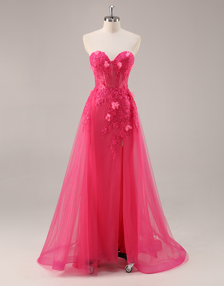 Fuchsia Floral Corset Tulle Sweetheart Long Prom Dress with Slit