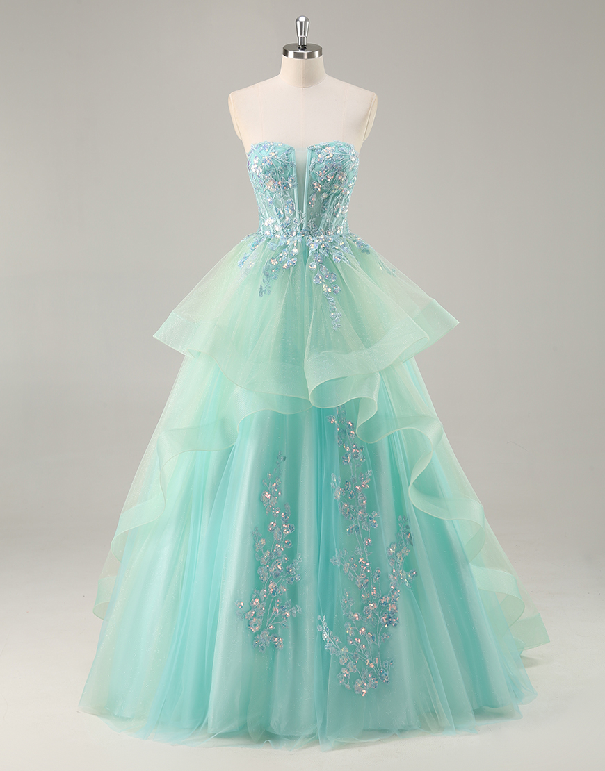 Sparkly Green Corset Ruffled A Line Long Prom Dress