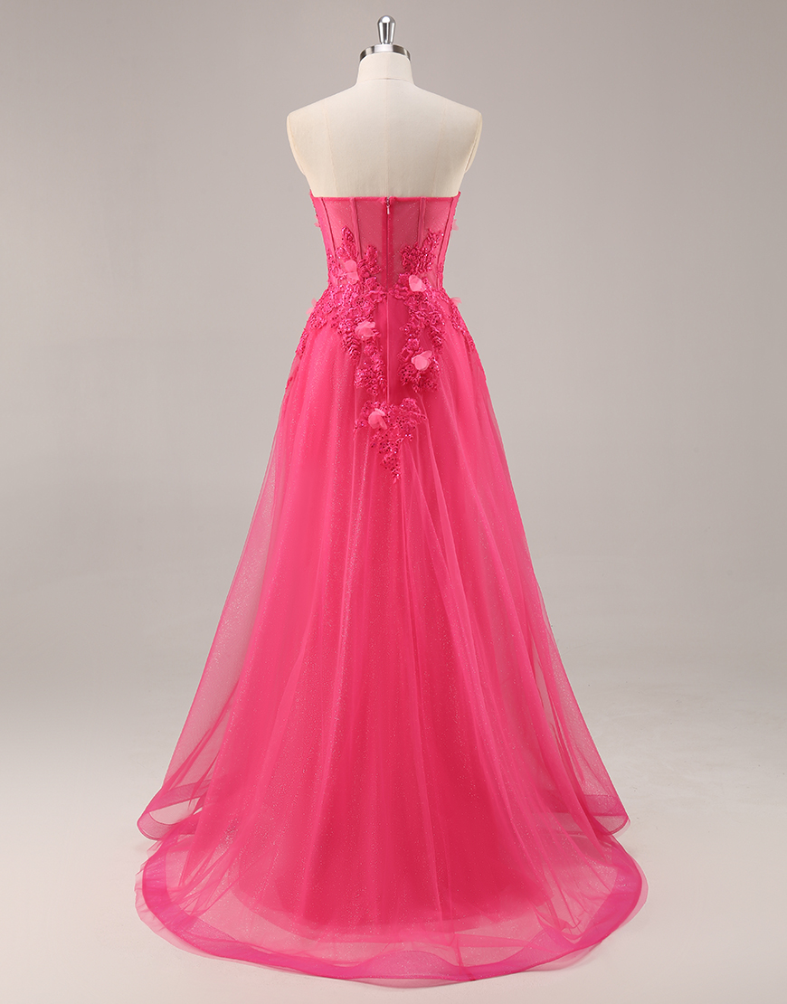 Fuchsia Floral Corset Tulle Sweetheart Long Prom Dress with Slit