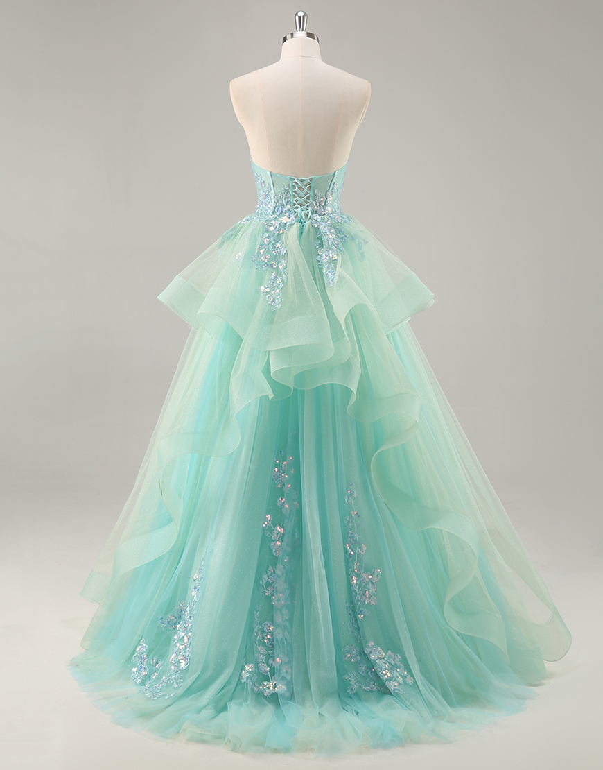 Sparkly Green Corset Ruffled A Line Long Prom Dress