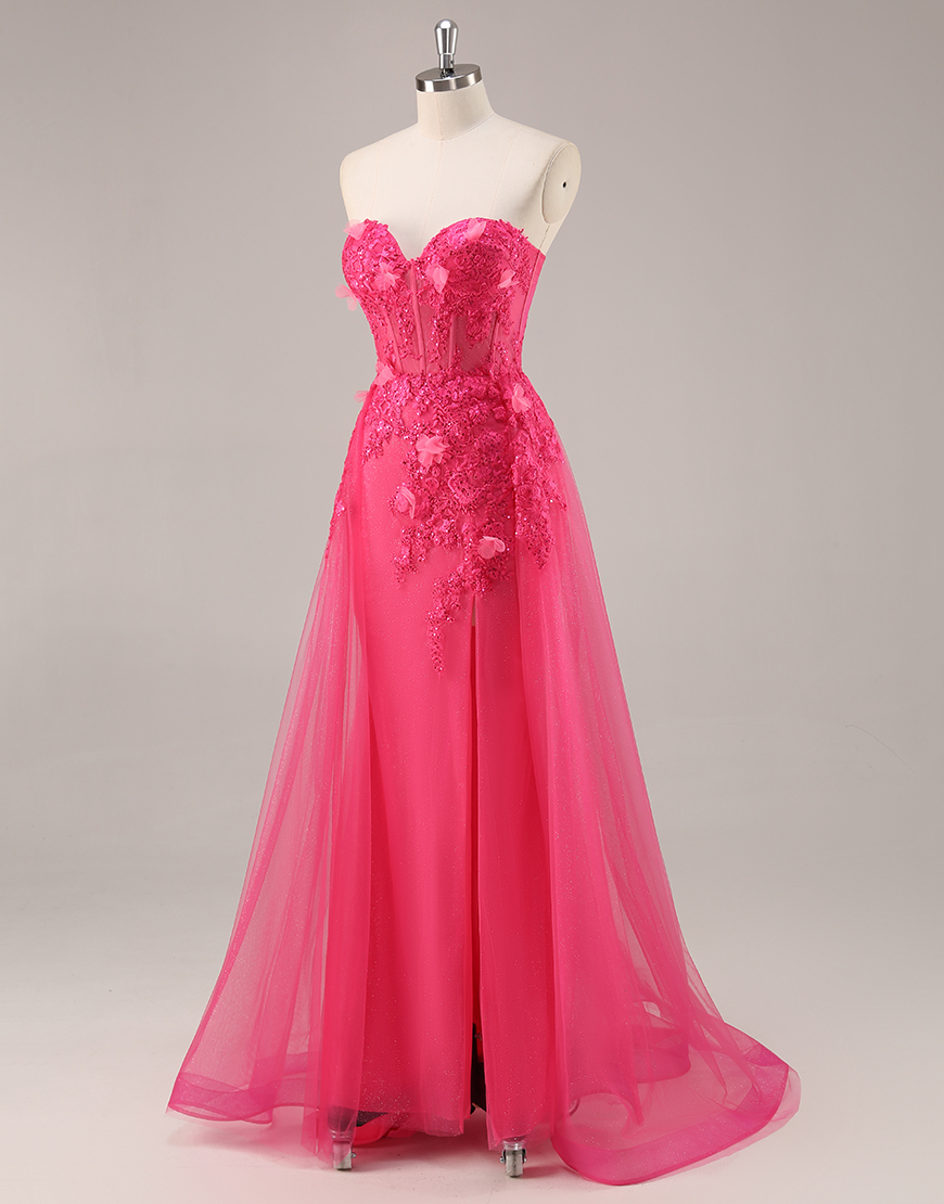 Fuchsia Floral Corset Tulle Sweetheart Long Prom Dress with Slit
