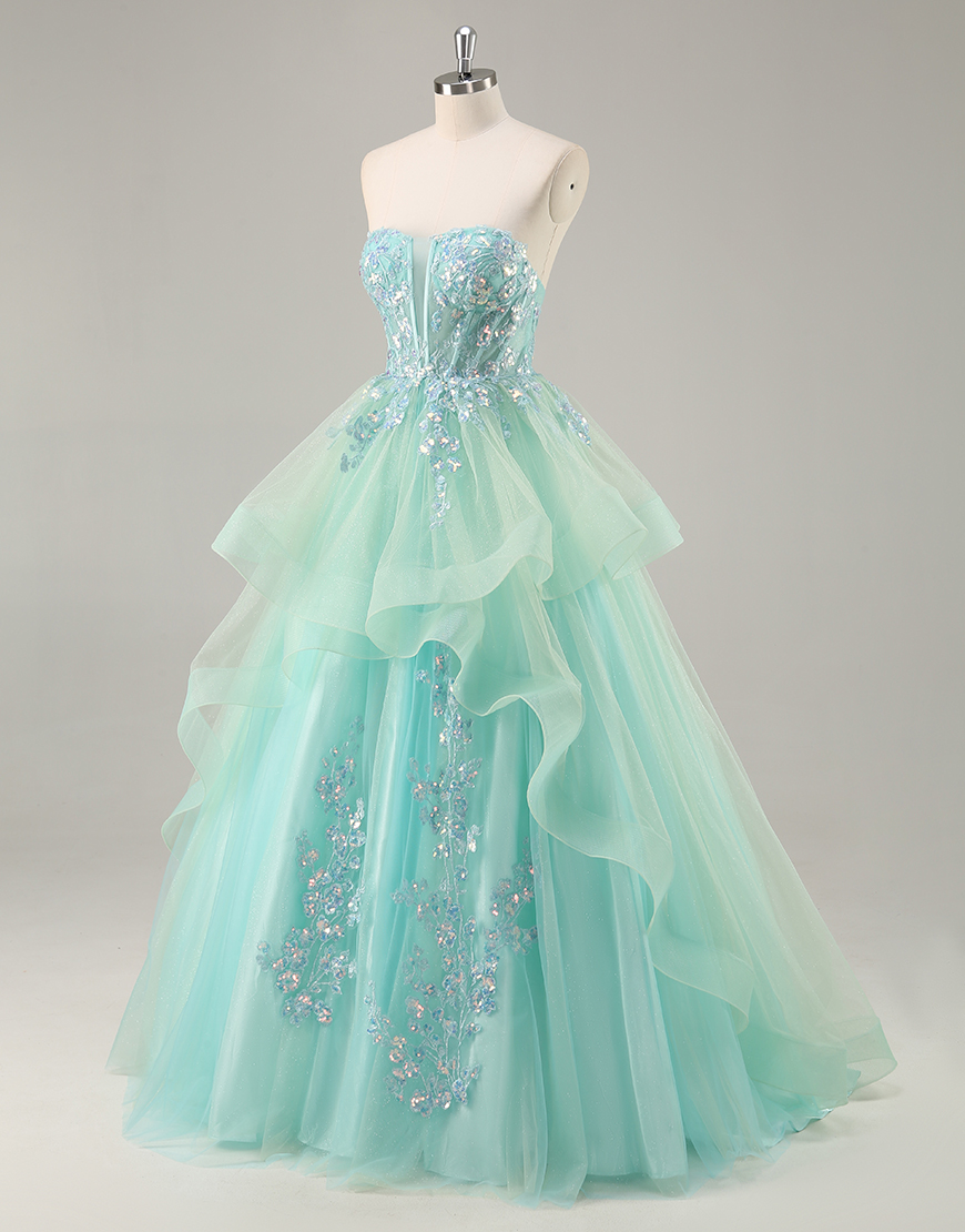 Sparkly Green Corset Ruffled A Line Long Prom Dress