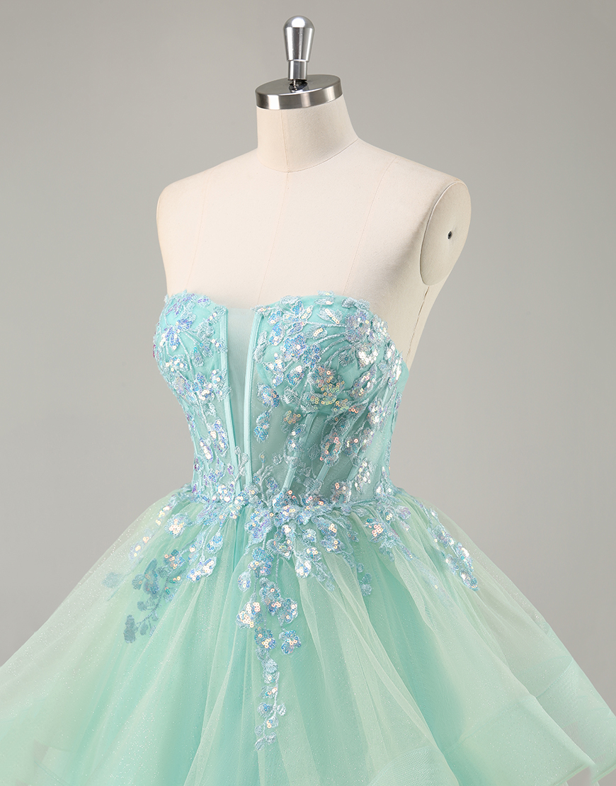 Sparkly Green Corset Ruffled A Line Long Prom Dress