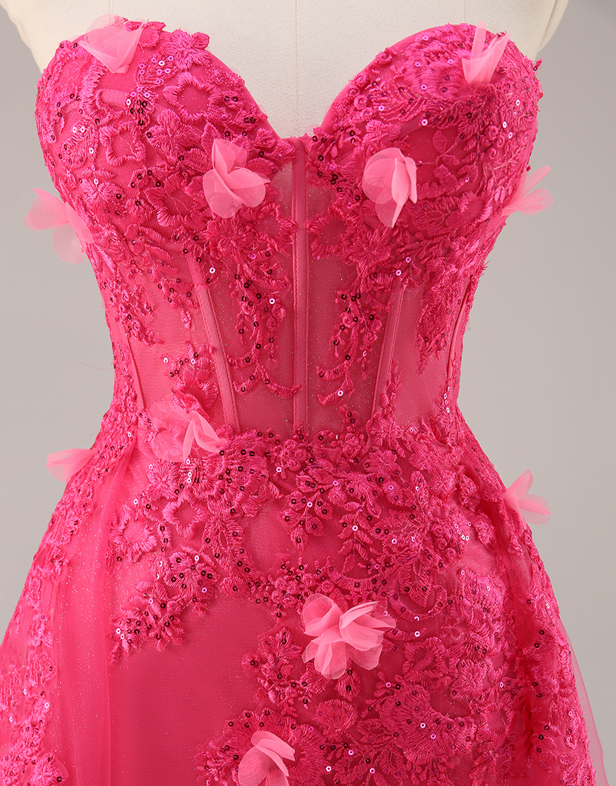 Fuchsia Floral Corset Tulle Sweetheart Long Prom Dress with Slit
