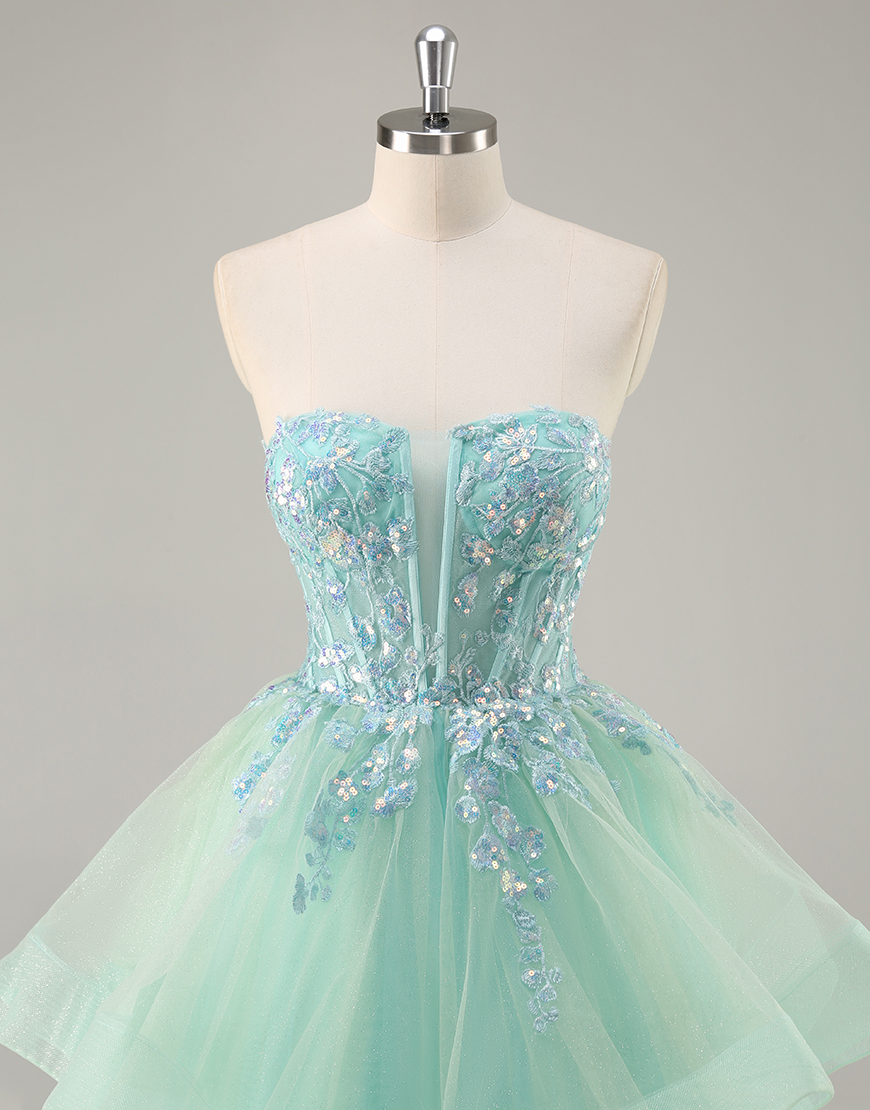 Sparkly Green Corset Ruffled A Line Long Prom Dress