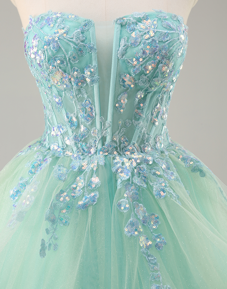 Sparkly Green Corset Ruffled A Line Long Prom Dress