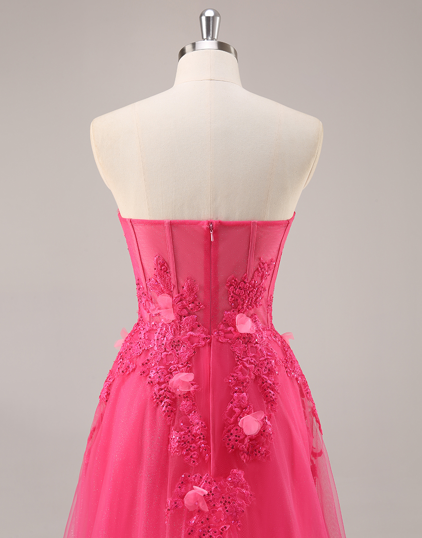 Fuchsia Floral Corset Tulle Sweetheart Long Prom Dress with Slit