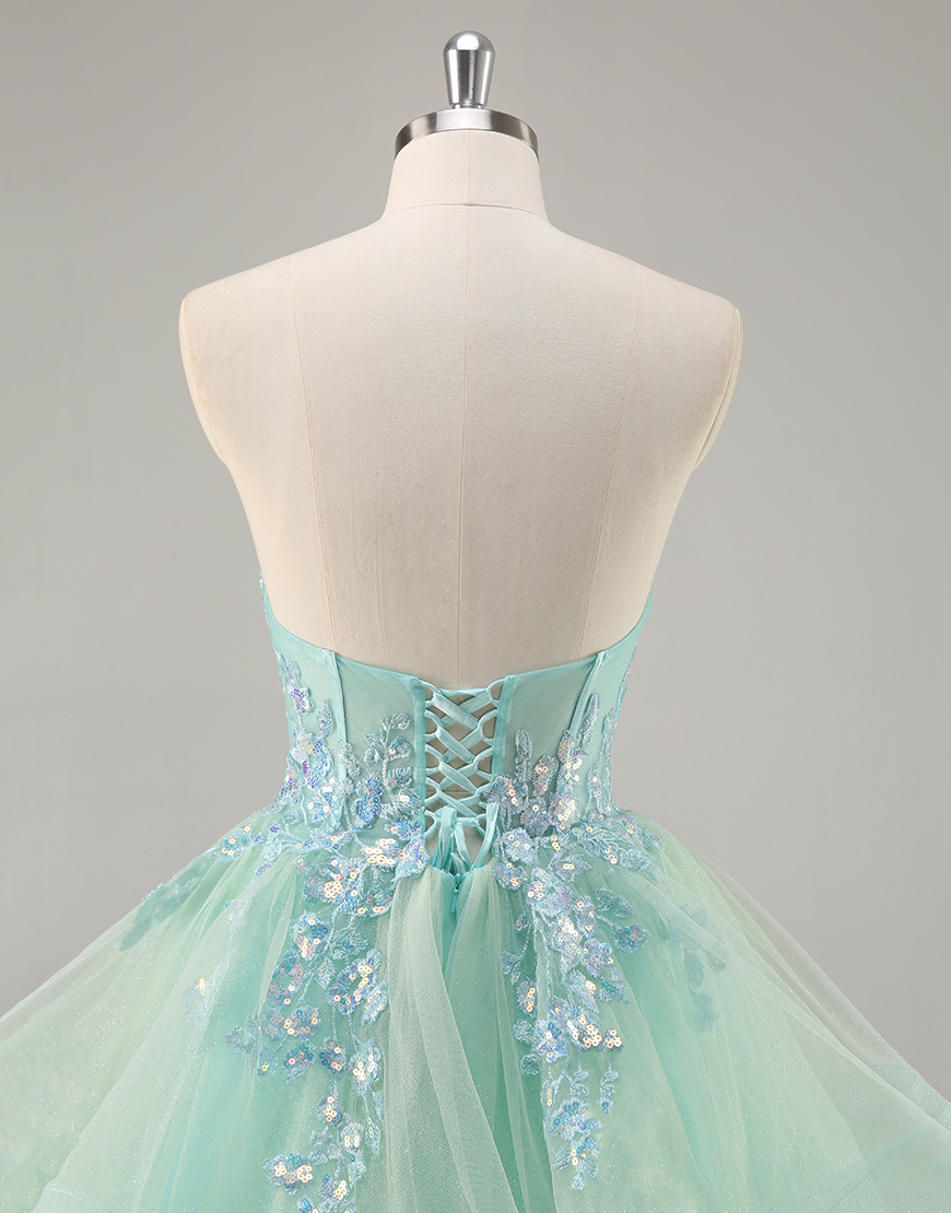 Sparkly Green Corset Ruffled A Line Long Prom Dress
