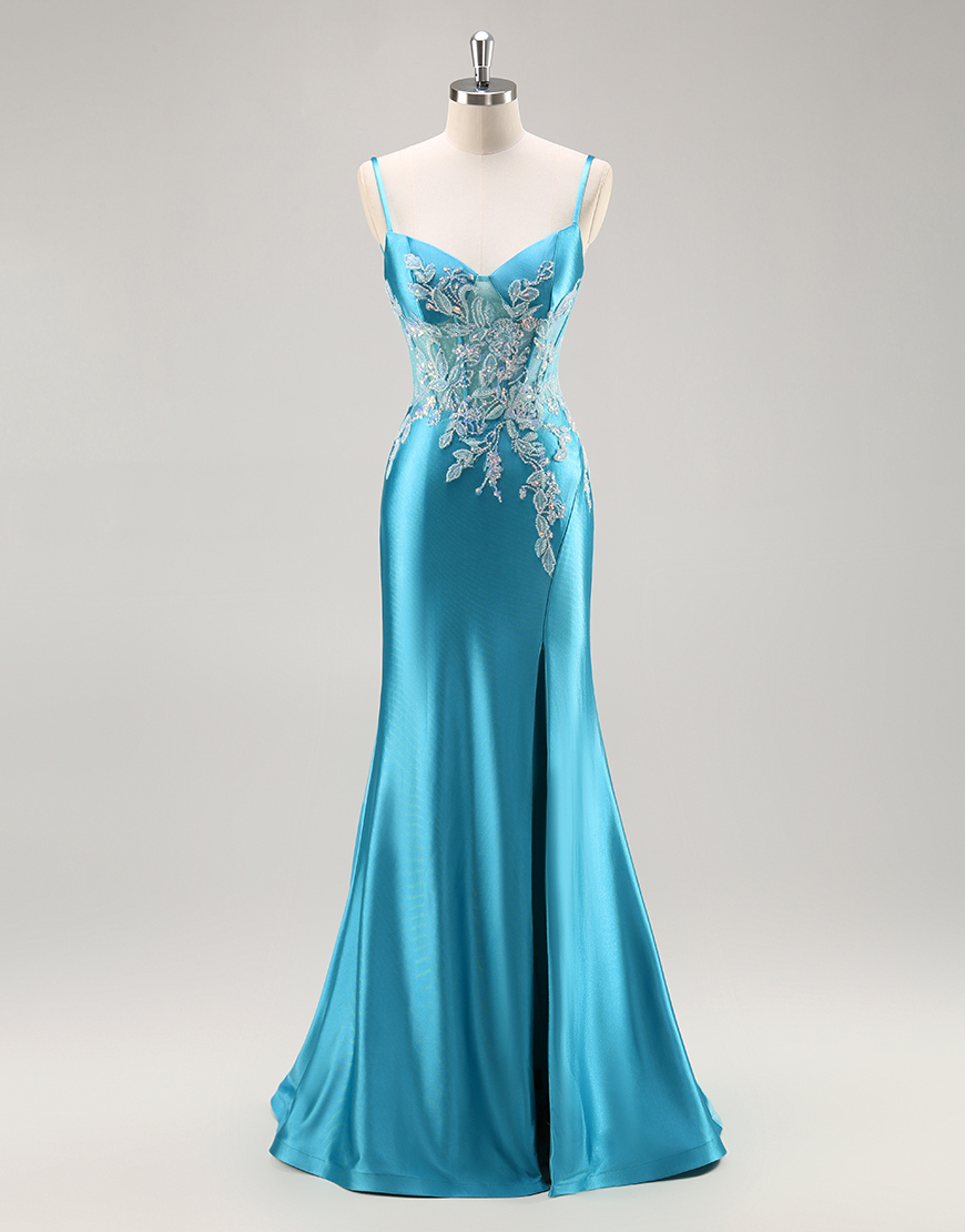 Blue Corset Satin Mermaid Appliqued Long Prom Dress with Slit