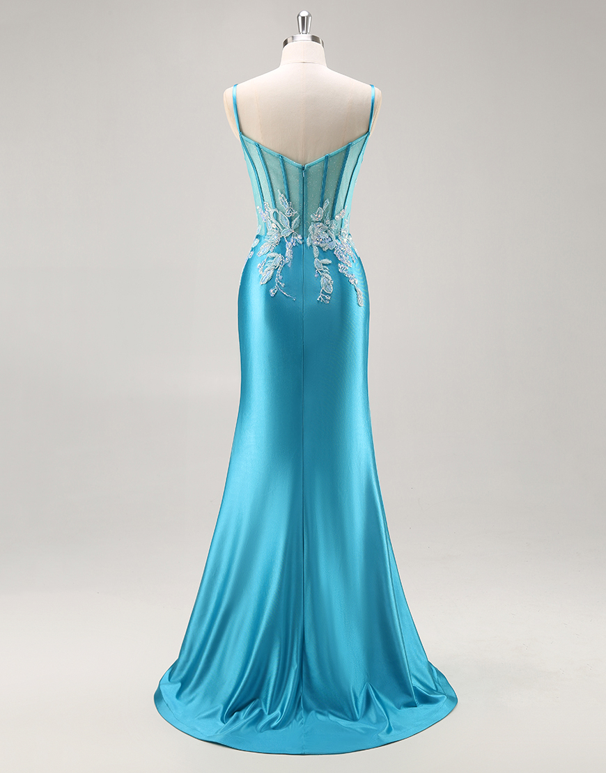 Blue Corset Satin Mermaid Appliqued Long Prom Dress with Slit