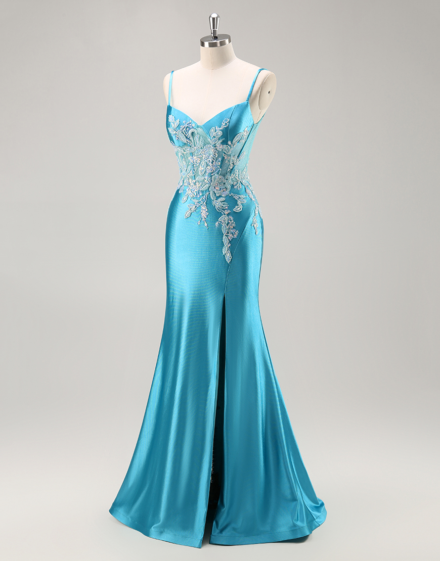 Blue Corset Satin Mermaid Appliqued Long Prom Dress with Slit